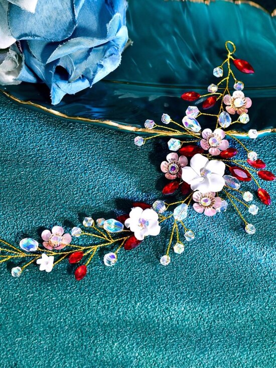 Handmade Floral Bridal Headband, Red Crystal Flower Wedding Headpiece main image 4